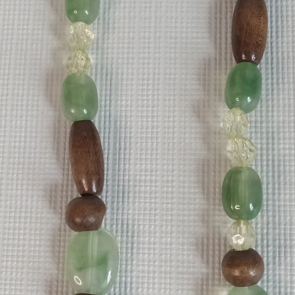 Green and Brown Plastic with Wood Beaded Long Adjustable Single Strand Necklace
